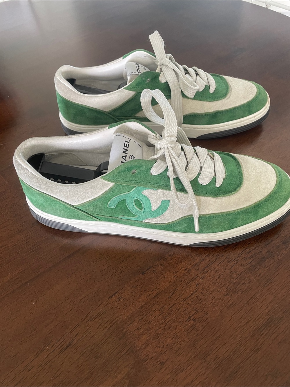 CHANEL Green and White Suede Low-Top Sneakers with CC Logo